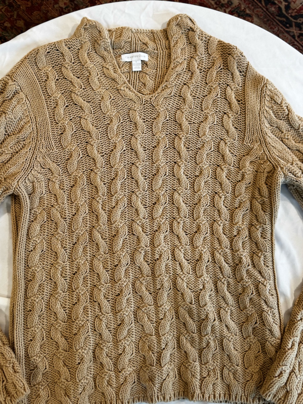 Charter Club Cable Knit V-Neck Sweater L Large Camel Tan Cotton Blend Chunky
